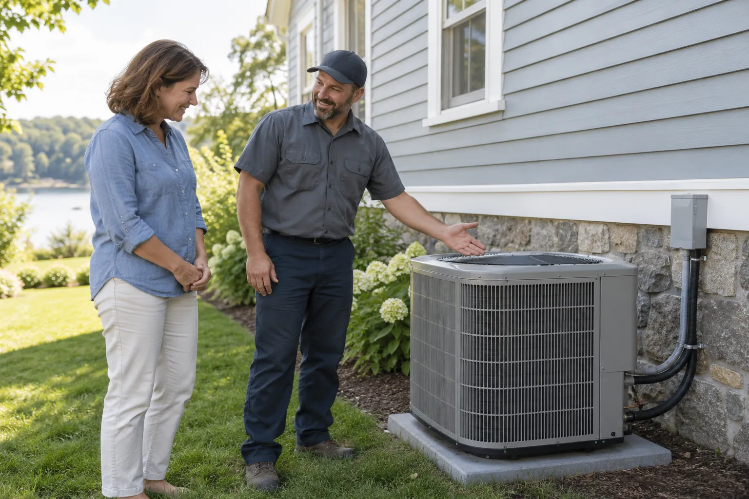 Homeowner in Pittsburgh talking with an HVAC provider beside a new outdoor AC unit
