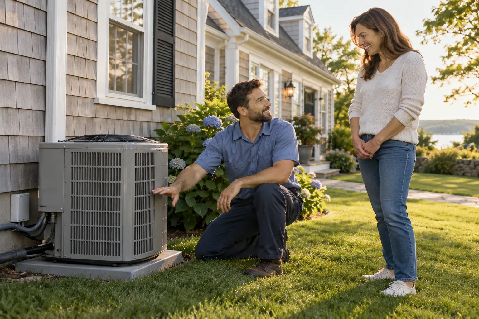 A friendly HVAC provider checking an outdoor air conditioner beside a Pittsburgh home