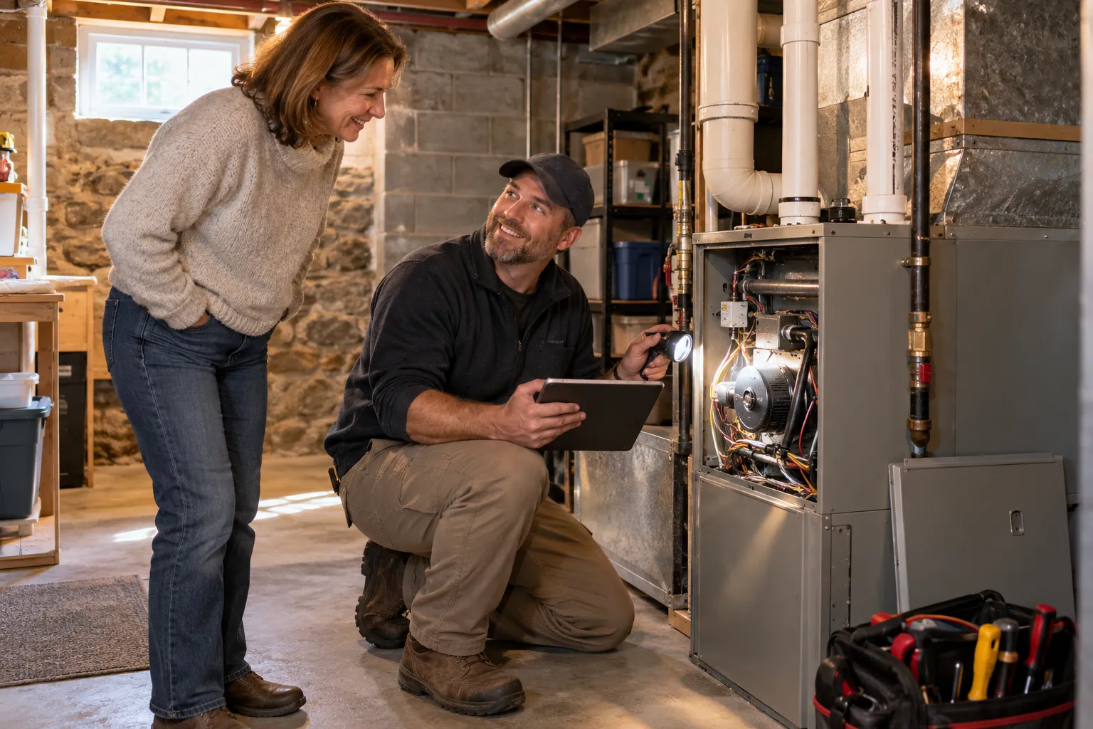 A friendly local HVAC provider checking a furnace in a Pittsburgh home basement while the homeowner looks on